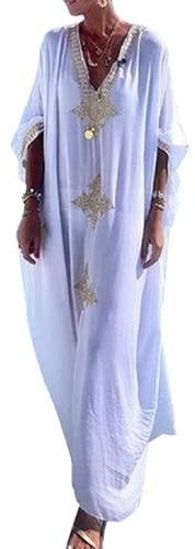 Bsubseach, Caftano copricostume da donna, taglie forti, con ricamo, W-white, Taglia Unica