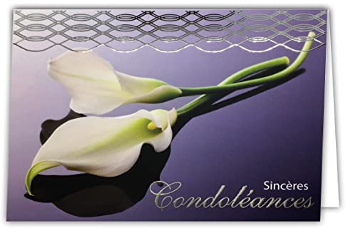 24-5005 Carte Argentée avec Enveloppe 145x105mm - Sincères Condoléances Courage Gerbe de Fleurs Arums Blancs pour Décès Femme ou Homme Cérémonie d'Adieu Enterrement Deuil - Fabriqué en France