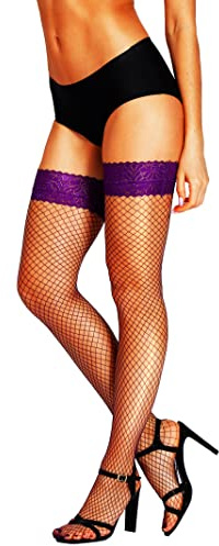 HONENNA Fishnet Thigh High Stockings, 20+ Colors Silicone Lace Top Stay Up Nylons Tights for Woman, 1 Pair Dark Purple, C-D