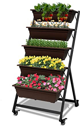 Vertikales Hochbeet mit 5 Etagen, Blumenbeet mit Pflanzkästen, Leichtgewicht Blumentreppe Balkon, für Blumen, Kräuter, Gemüse, 66 x 66 x 130 cm