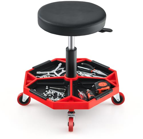 COSTWAY Tabouret d'Atelier Pneumatique 4 roulettes Universelles, Chaise d'Atelier Pivotante avec Plateau à Outils pour Garage, Atelier, Ø 50, 5 cm, Hauteur 41 à 55 cm, Charge Max 150 kg (Rouge)