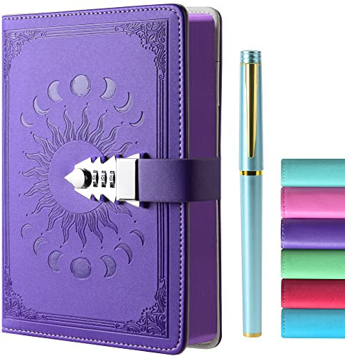 ZXHQ Tagebuch mit Schloss - A5 Notizbuch mit Stift Set, Nachfüllbares Leder Journal mit Buntem Seitenrand für Mädchen, Frauen, Männer und Jugendliche A5 Größe (21x15cm)