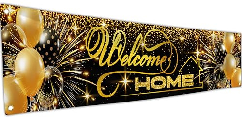 Welcome Home Banner - Welcome Back Banner - Welcome Home Dekorationen - 180 x 40 cm mit Bild von Welcome Home Ballon - We Missed You Banner (Schwarz und Gold)