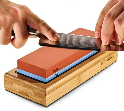 Praknu Pietra per Affilare 2-in-1 Affilacoltelli Cote 1000/6000 Grana Combinazione Affilacoltelli Professionale - con Stand Silicone Antiscivolo & Bambù