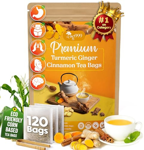 120 Bags Premium Turmeric Ginger Cinnamon Tea, Improve Digestion, Support Brain, Weight, Skin and Sleep, Eco-Conscious Tea Bags and Premium Natural Ingredients. Turmeric Ginger Herbal Tea. No Sugar, No Caffeine, No Gluten, Vegan.