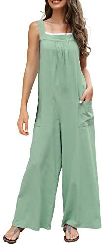 Vintage casual hängselbyxor för kvinnor ledig bred ben jumpsuits vår sommar enfärgad overaller ärmlös lång fritidsoverall, Y01-grön, L