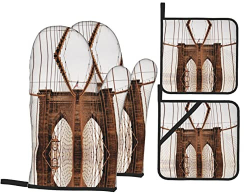 Ofenhandschuhe und Topflappen mit Foto von Brooklyn Bridge, 4 Stück, für Küche, Backen, Grillen, Grillen, rutschfeste Kochhandschuhe