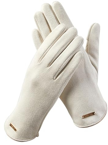 GIBZ Guanti da Donna in Pelle Scamosciata con Touch Screen Guanto Invernali per Mano Caldo con Fodera in Micropile, Bianco