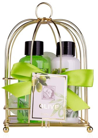 Accentra – Duschset Frauen Geschenkset OLIVE in wunderschönem Drahtkorb – 3-teiliges Pflegeset mit Duschgel, Bodylotion und Badeschwamm – Wellness Geschenk Set zum Geburtstag, Muttertag & Valentinstag