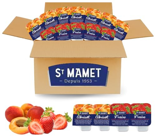 ST MAMET - 60 barquettes préparation de fruits fraise et abricot 25 g | DDM 11/26 - fruits 35% - petit déjeuner, hôtel, gîte, camping, restauration, Airbnb et pique-nique