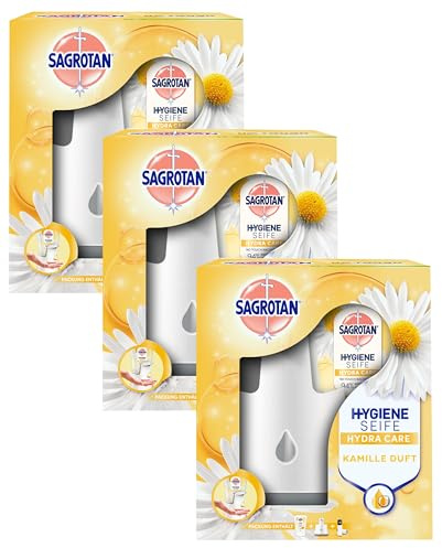 Sagrotan No-Touch Automatischer Seifenspender Weiß – Inkl. Sagrotan Nachfüller Lotusblüte und Kamille – 1 x 250 ml Flüssigseife (Packung mit 3)