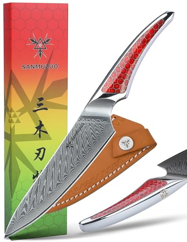 SANMUZUO Coltello Multiuso da 13CM, coltello da cucina in acciaio damasco giapponese VG-10, coltello da frutta ultra affilato con impugnatura a codolo intero in resina Rosso, serie LA-S9