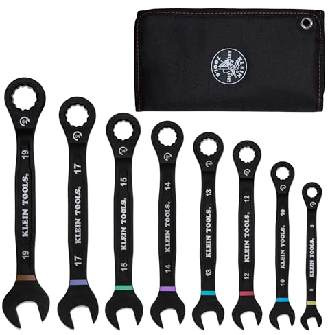 KLEIN TOOLS 69408MG Metric Ratcheting Combination Wrench Set, 8 to 19 mm, 90-Tooth Steel Alloy with Foam Pouch, 8-Piece