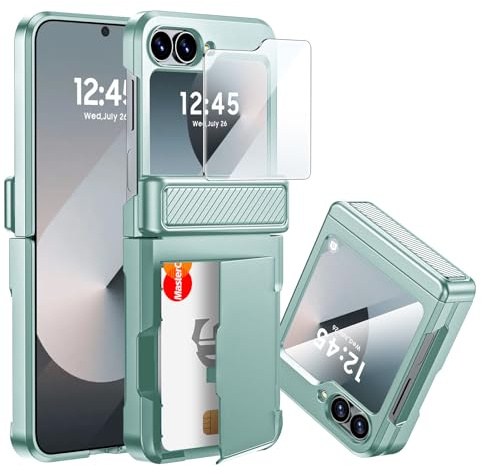 CENMASO for Galaxy Z Flip 7 FE/Z Flip 6 Case Built-in Card Holder, Z Flip 7 FE Wallet Case with Hinge Protection & Screen Protector, Shockproof Protection Case for Galaxy Z Flip 6(Mint Green)