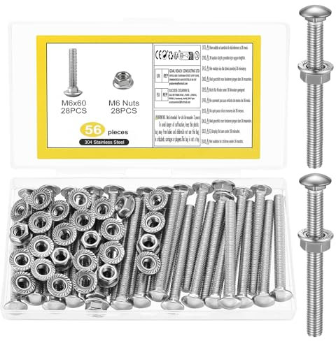 56 Pz Bulloni Testa Tonda M6 x 60 mm, Viti a Testa Tonda Piatta M6, Bulloni per Carrozze, Set di Viti e Dadi in Acciaio Inox, Bullone e Quadro Sottotesta e Dado Flangiati