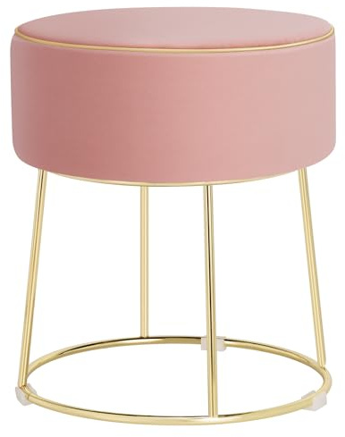 RELAX4LIFE Gepolsterter Hocker Rund, Moderner Fußhocker mit Metallrahmen & Rutschfesten Füßen, Ottomane für Schlafzimmer Wohnzimmer Schminktisch, Sitzhocker 34 x 34 x 41 cm (Rosa)