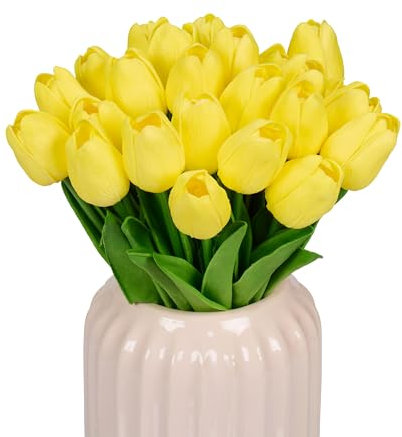 Relaxdays künstliche Tulpen, 24 Kunstblumen wie echt, dekorative Kunsttulpen aus Kunststoff, ca. 33,5 cm lang, gelb/grün