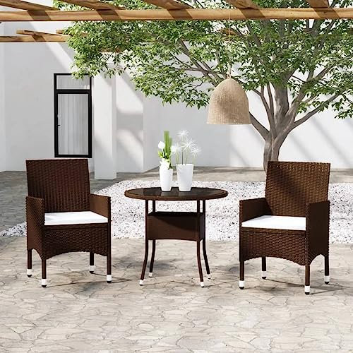 Homgoday 3-TLG. Bistro-Set Poly-Rattan und Hartglas Braun Gartentisch mit Stühlen Balkonmöbel Sitzgruppe mit Balkontisch Gartengarnitur für Garten, Balkon