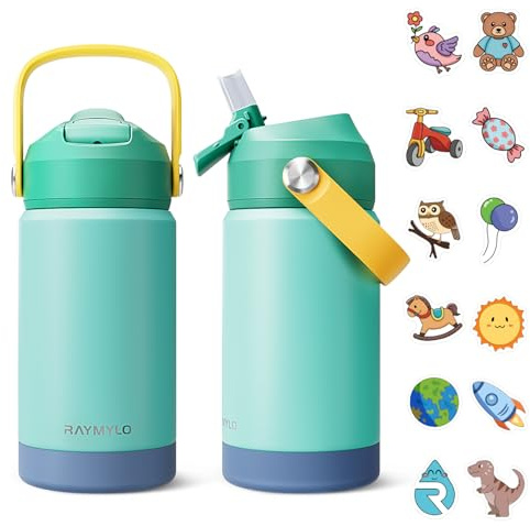 RAYMYLO Toddler Water Bottle Stainless Steel Insulated, 12 oz Kids Water Bottle for School Boys Girls, Toddler cups with Straw (Cold for 24 Hrs, Hot for 12 Hrs), Dishwasher Safe & BPA Free & Leakproof