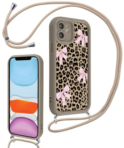 Coalbooliy Coque avec Cordon pour iPhone 11 6,1, avec Aesthetic Léopard Brun Motif Case Collier Réglable Corde Souple TPU Silicone Étui Antichoc Protection Caméra Housse Cover, 04