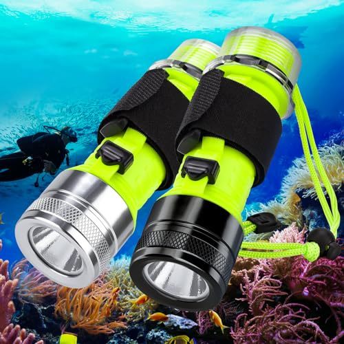 Kriogor 2 Stück Tauch Taschenlampe, 1500LM LED IPX8 Wasserdicht Unterwassersport Tauchgang Tauchlampe LED mit Akku, 3 Modi für Tauchen mit Handschlaufe