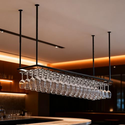 90CM Portabottiglie da soffitto in metallo, portabicchieri da soffitto con portabicchieri e ripiano,Portabottiglie da Appendere Industriale Regolabile, per bar, caffetteria e cucina (Nero, 90*35CM)