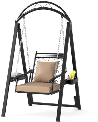 COSTWAY Outdoor Schaukel mit Gestell, Gartenschaukel Metall mit abnehmbaren Kissen & Seitentischen, bis 160 kg, Terrassenschaukel Schaukelgerüst für Garten, Balkon, Hinterhof (Schwarz)