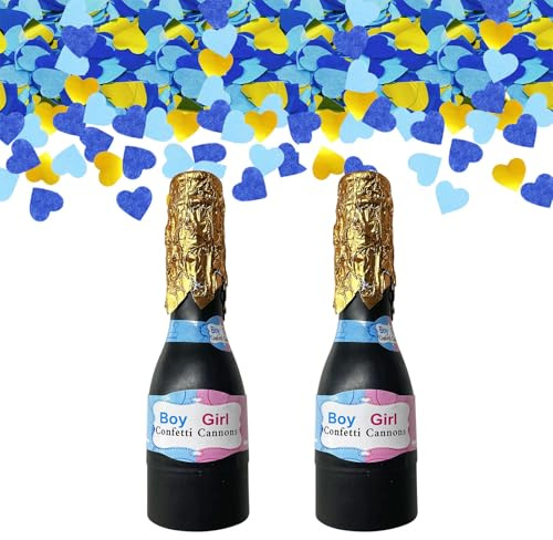 2 cañones de confeti en forma de champán, biodegradables, decoración de revelación de género, poppers de confeti torcidos a mano y cañones de fiesta (2 azules)
