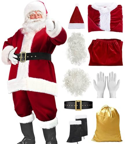 Nikolaus Kostüm, Weihnachtsmann Kostüm Erwachsene Weihnachten Samt Anzug 9 Teilig Perücke Bart Gürtel Und Handschuhe Weihnachtsanzug Weihnachtskostüm Rotes Weihnachts Outfit