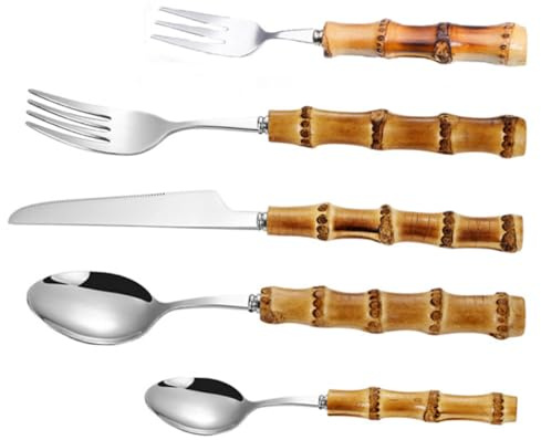 Homoyoyo Set de Couverts Steak Réutilisables Acier Inoxydable avec Manches Bambou Ergonomiques Service de Table Occidental pour Adultes et Garçon Fille Usage Maison et Restauration