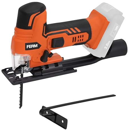 FERM Sierra de Calar a Batería 20V – Caladora Inalámbrica con Empuñadura de Pomo (Barrel Grip) – 4 Posiciones de Péndulo, Velocidad Variable y Soplado de Polvo – Serie AX/FX-POWER (Sin Batería