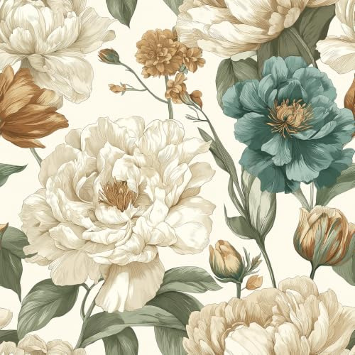 YENHOME Papier Peint Adhesif Mural Beige Fleurs Pivoine Vintage 44.5x300cm | Papier Peint Autocollant Beige Vert Fleurs Feuille Élégance pour Chambre Salon Film Adhesif pour Meuble Armoires Motif Floral