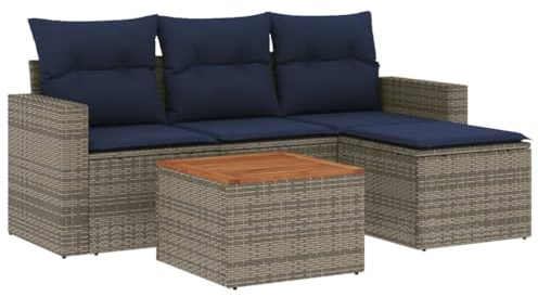 XHNIFBN 5-teiliges Gartensofa-Set, Polyrattan Lounge-Set mit Stauraum-Funktion, Gartentisch mit Akazienholz-Platte, inklusive Sitzkissen, Grau, Möbel für Terrasse und Garten