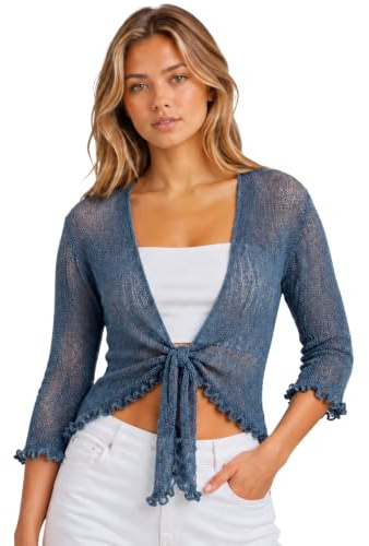 janisramone® Dambyxor, dubbel finstickad 3/4-ärm slips framsida, bolero koftor för kvinnor, stretchig beskuren kofta, lätt sommar axel, damer aftontoppar, Denim blå, one size