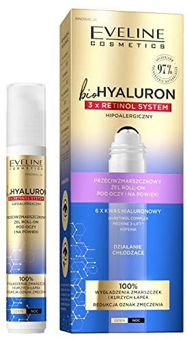 Eveline Cosmetics Système Biohyaluron 3xRétinol - Gel Roll-On Anti-Âge Contour des Yeux et Paupières avec Acide Hyaluronique, Caféine et Rétinol