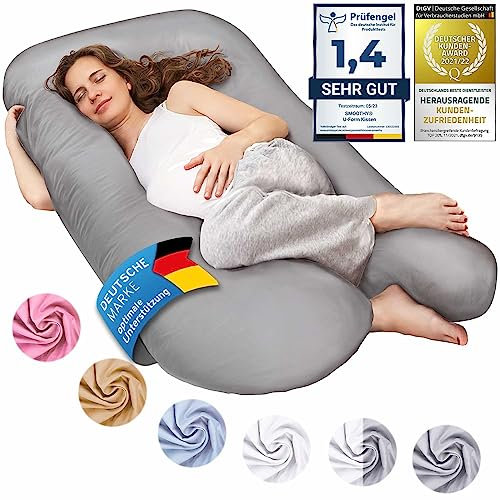 SMOOTHY Schwangerschaftskissen, Seitenschläferkissen, Lagerungskissen, Baby-Kissen & Stillkissen in U-Form mit abnehmbarem & waschbarem Bezug aus 100% Baumwolle (Junior XL, 120 x 70 cm, Grau)