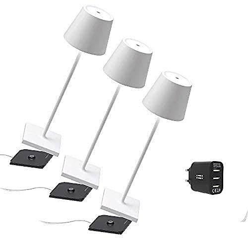 Zafferano Kit triplo 3x Lampada portatile Poldina Pro Bianca e 1 caricatore Aiino 3 porte USB per Ricarica Simultanea Lampada/Smartphone, LED Dimmerabile Touch, IP54, Base di Ricarica a Contatto,H38cm