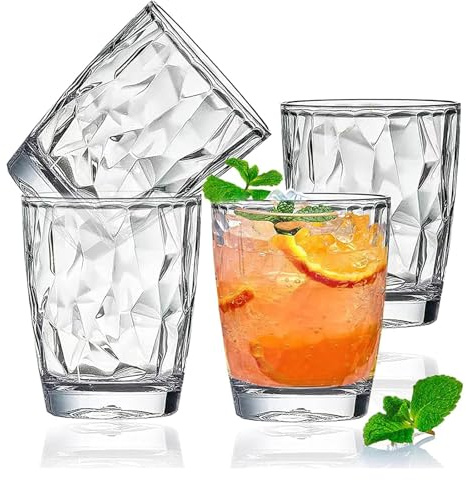 Goldmeet Lot de 4 Gobelet Plastique Reutilisable Transparent Tasse Incassable, Verre a Eau 300ml Verre Cocktail Whisky, Passent au Lave-vaisselle, Verres à Vin Empilables Pour Salle de Cuisine, Parti