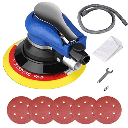Ponceuse Excentrique Pneumatique de 6 Pouces, Ensemble de Machine à Polir avec Ponceuse Multifonctionnelle à Tuyau D'air 3/8 avec Sac à Poussière 5 Morceaux de Papier de Verre pour Poncer le Bois