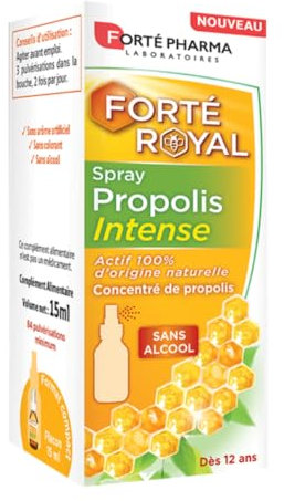 Forté Pharma - Spray Propolis Intense - Sans Alcool | Complément Alimentaire Gorge irritée à base de Propolis brune - Actif 100% d'origine naturelle | Flacon 15ml, 6 pulvérisations/jour