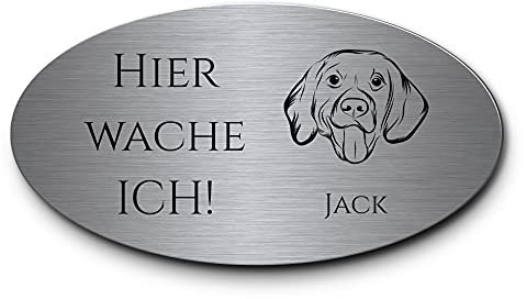 Warnung vor dem Hund Schild personalisierbar Beagle Vorsicht Hund Hier wache ich | Gravur auf Edelstahl oval 15x8 | Hinweisschild Langlebig wetterfest für draußen Hundezubehör