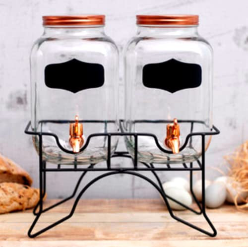 TRTO 2Pcs 3.9 Litre Double Glass Beverage Drinks Dispenser Screw Lid Jugs Tap Stand Easy to Use and Cleans (Rose Gold)