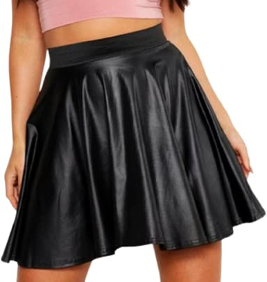 OgLuxe Women Ladies High Waist Faux Leather Wetlook PVC Flare Skater Mini Skirt Size 8-26 Black