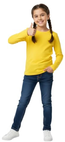 LUXFAB Kids Girls Boys New Plain Long Sleeve Basic Stretch Round Neck T-Shirt School Tee Top Size 2-13 Years Yellow