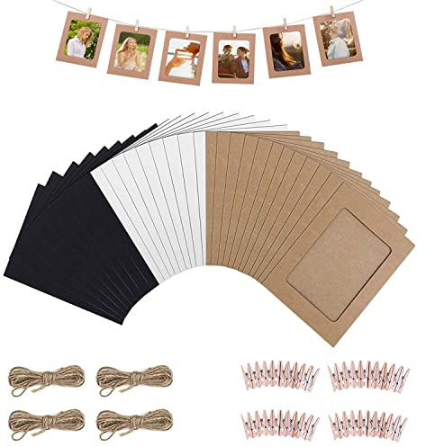 Fotogirlande, 40 Stück Papier Bilderrahmen, 11,5 x 15,5 cm Foto Girlande | Papier Fotorahmen mit 40 Holzklammern und 4 Hanfseil, Fototaschen zum Aufhängen 3 Farben, für Geburtstage Wanddekoration
