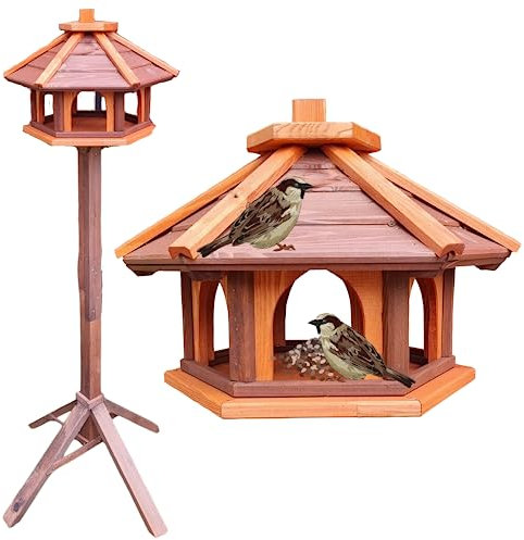 Vogelhaus mit Stander aus Holz, wetterfest, vogelfutterhaus, Futterhaus, Futterstation für Wildvögel, Vogelfutterhaus zum Stellen für den Garten, Balkon (Braun+Rot)