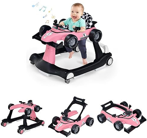 RELAX4LIFE Girello per Bambini 6 in 1 con Luci e Suoni, Vassoio Giocattolo Rimovibile, 2 Velocità Ruote e 3 Altezze Regolabili 50,5/53,5/55,5 cm, Portata 12 kg (ROSA)