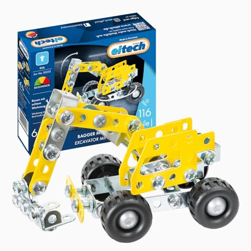 Eitech 00253 Metallbaukasten - Bagger Mini, Konstruktionsspielzeug für Kinder ab 6 Jahren, Baustellenfahrzeug mit beweglichem Schaufelarm