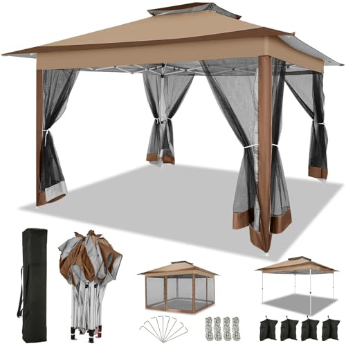COBIZI Pavillon 3x3 Wasserdicht Stabil Faltpavillon, Gartenpavillon mit Seitenwänden Moskitonetz,Party Zelt pavillon,Doppeldach Pavillon faltbar für Garten, Braun(Upgraded)