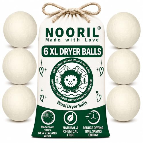 Nooril Tumble Dryer Balls XL - Natural Handmade Reusable Wool Laundry Balls for Fabric Softening, Reduce Drying Time, Noise, Static-Cling & Wrinkles with No Bad Odor (Pack of 6)